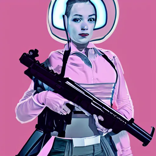 Prompt: A pink sci-fi woman with a gun, in the style of realism.