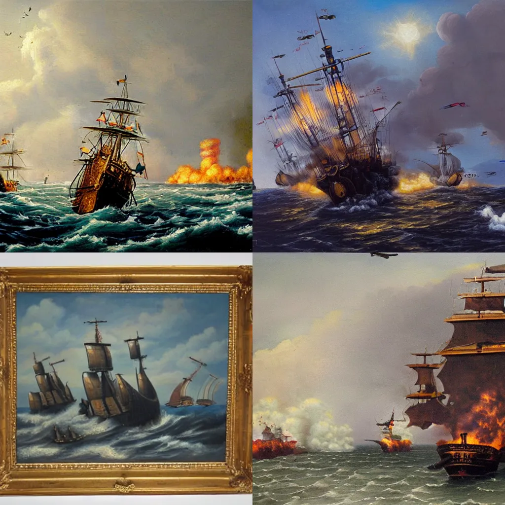 Prompt: Oil Painting of a pirate battelship firing canons