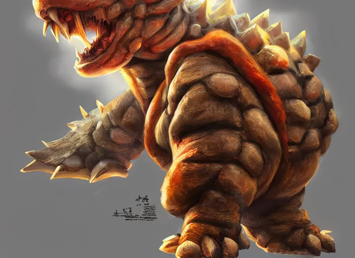 Image similar to detailed concept art of a huge giant bowser by cheng yi and luolin, game art, aartstation, artstationhd, detailed scales, bowser, bowser nintendo, koopa, ~ bowser # bowser ( ( mario ) ) bcy. net, realistic.