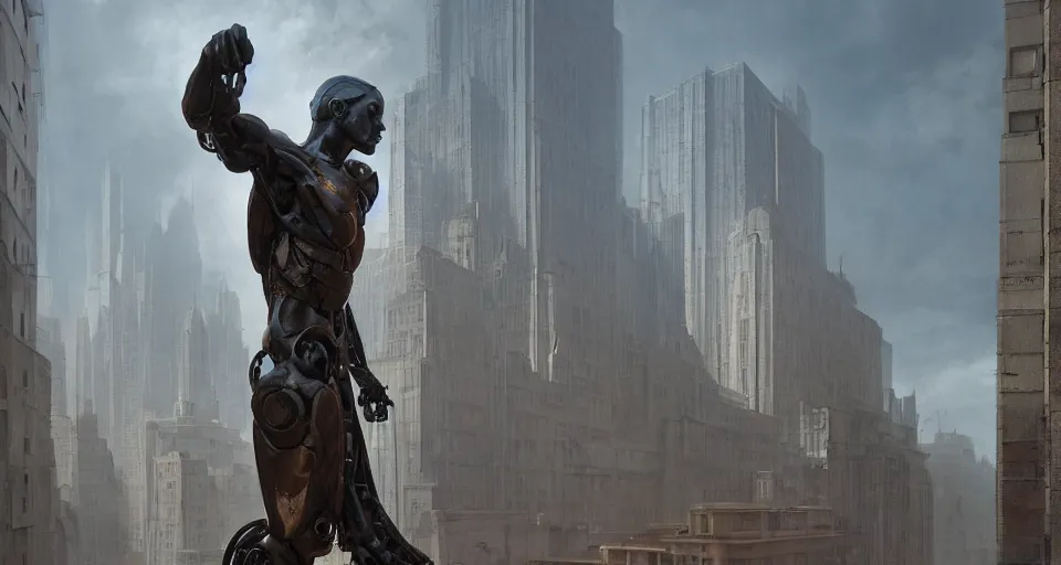 Image similar to cyborg bronze statue stands in the city center. art deco architecture. photorealism, soft light, morning. by greg rutkowski, frank lloyd wright, shaun tan. hyperrealism, dusty, moody, high detail, artstation, digital painting, unreal engine, tonal color scheme.