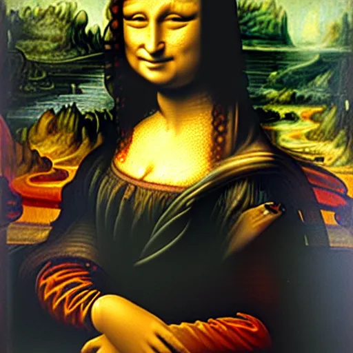 Image similar to an artist painting the mona lisa, oil painting