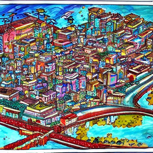 Prompt: A little city located entirely on a sheet of paper. Trending on art station, colorful, magical.