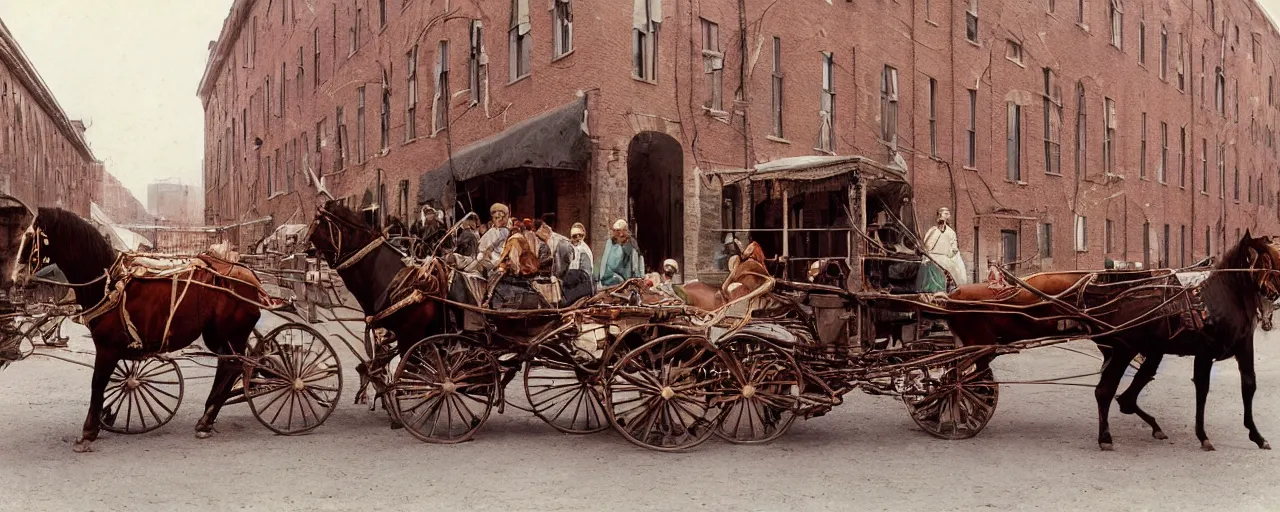 Prompt: 1 8 0 0 s horse drawn carriage carrying spaghetti to a factory building, daguerreotype, ultra - realistic faces, fine detail, anon 5 0 mm, wes anderson, kodachrome, retro