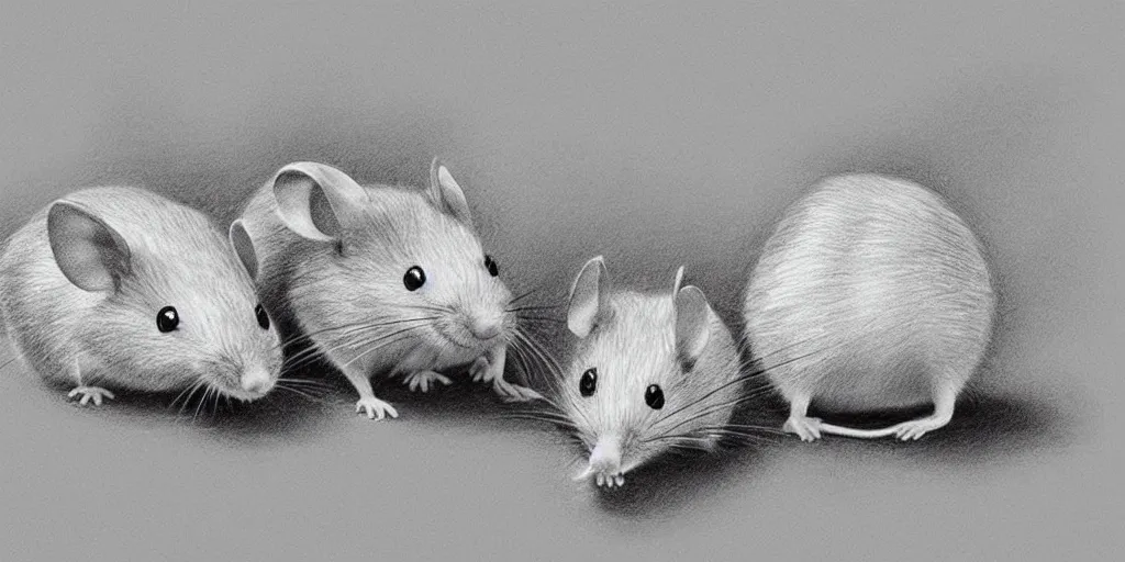 Prompt: a beautiful pencil drawing of exactly three!!!!! cartoon mice; masterpiece; extremely highly detailed; ultra-realistic; trending on artstation