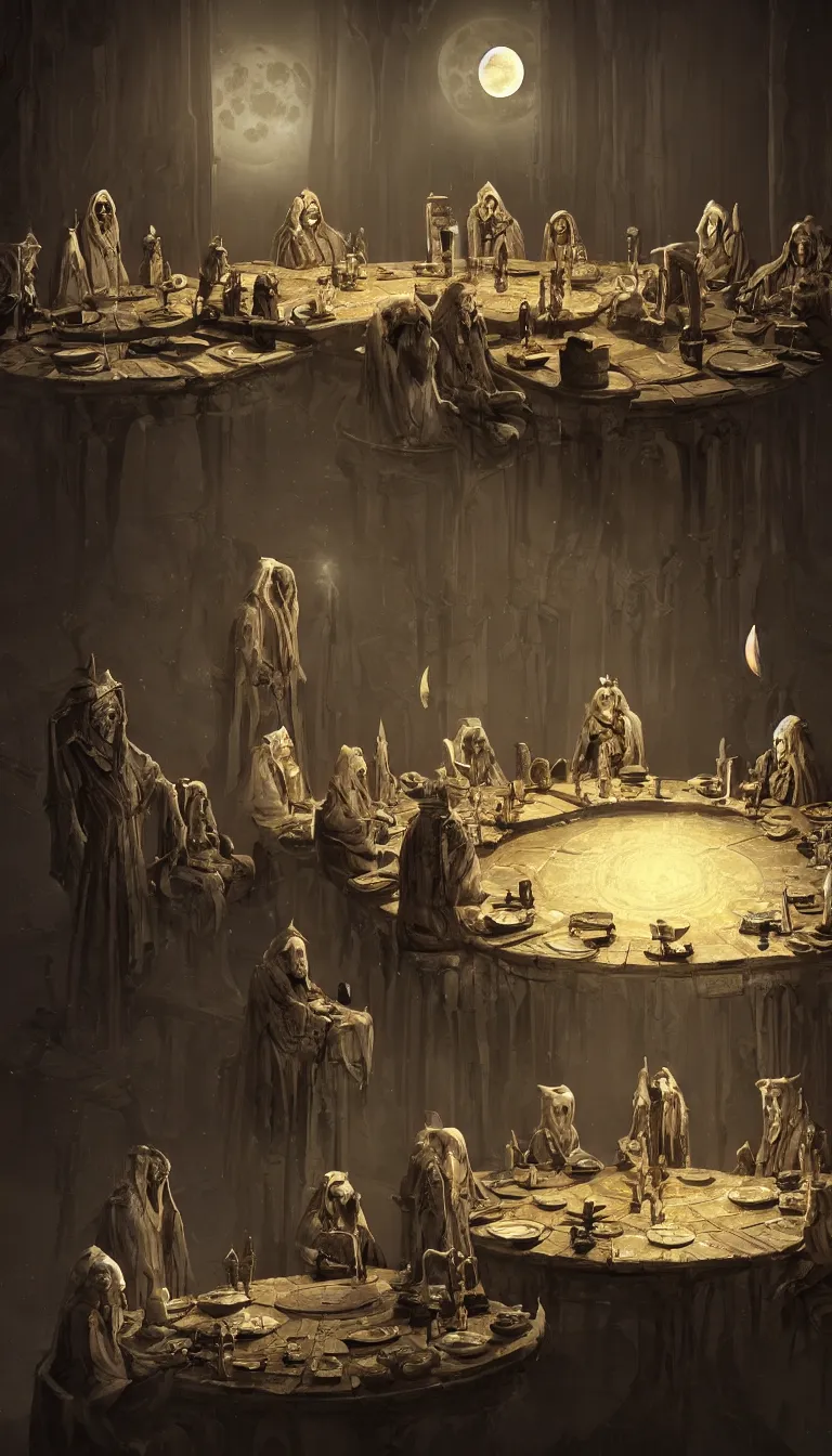 Prompt: A meeting of the council of elders, robed figures sat around a table, beautiful architecture, night time, stars visible, beautiful moon light, concept art, fantasy art, digital art by michal karcz, trending on artstation, highly detailed, 8k