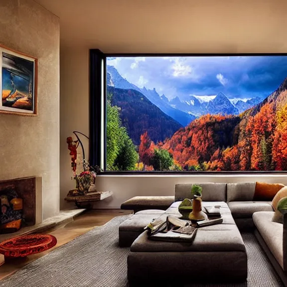 Image similar to fantastical living room with switzerland landscape in the window by marc adamus, beautiful dramatic lighting