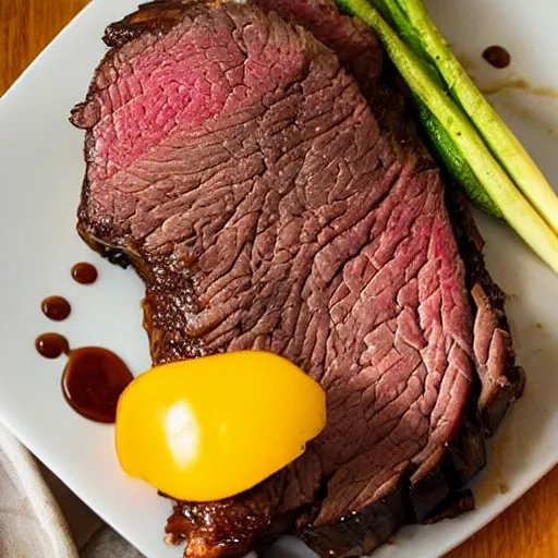 Image similar to chuck roast norris, food photo of chuck norris face on chuck roast