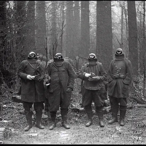 Image similar to “ a group of men wearing gas masks in the forest, 1 9 0 0 ’ s photo ”