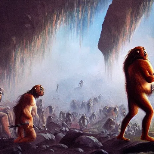 Prompt: Cave Man Painting of an alien Invasion, photography, high definition