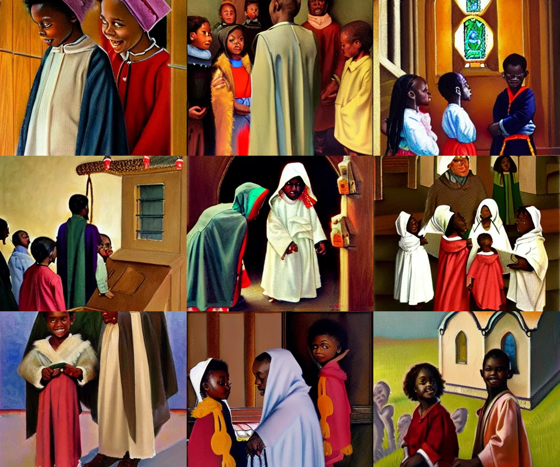 Prompt: black children in robe costumes standing around a manger in a church nativity play, painting by dora alis mera, painting by norman rockwell, realism style painting, trending on artstation, amazing details