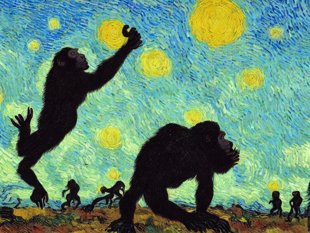 Image similar to bright beautiful oil painting of a primitive ape throws a bone at a giant black monolith at sunrise, light scatter, van gogh