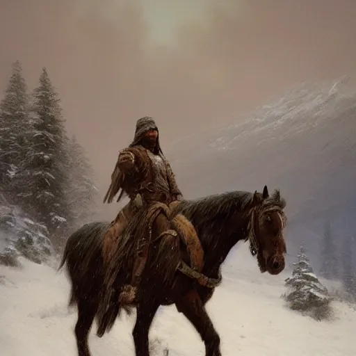 Prompt: Snow over Apache warrior on horse in mountains, by Greg Rutkowski and Thomas Kinkade, trending on artstation 4k.