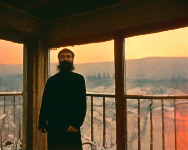 Image similar to award - winning lomographic tarkovsky film still of 4 0 years russian man with beard and sweater standing on small hrushevka 9 th floor balcony in taiga looking at sunset, kodak ektar, bokeh