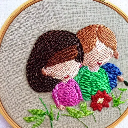 Image similar to a tiny beautiful handmade embroidery of two siblings, an older sister with curly brown hair and a younger brother with straight blonde hair. hand embroidery.