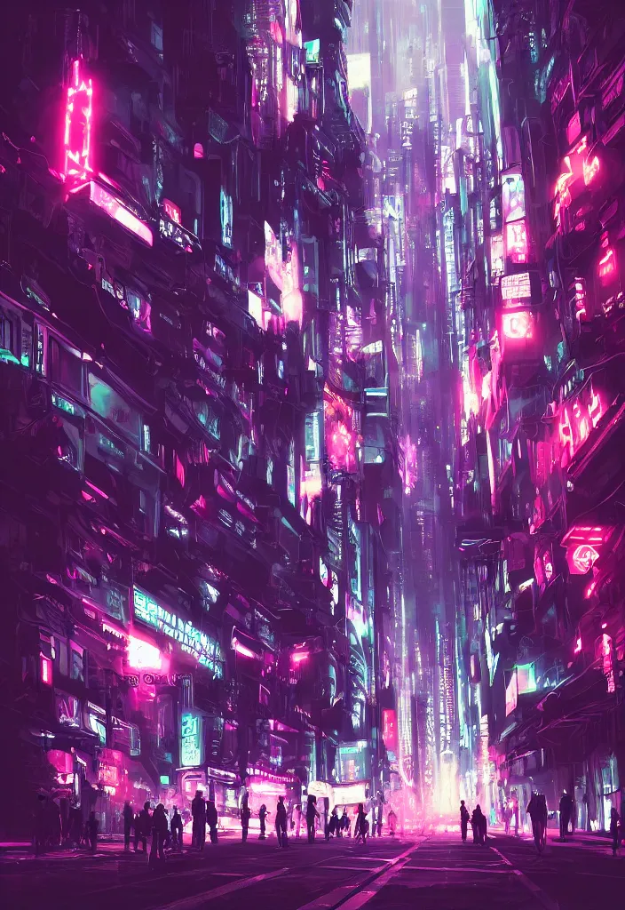 Image similar to concept art of a magnificent dark neon futuristic cyberpunk city bustling street at night cyberart in the style of liam wong