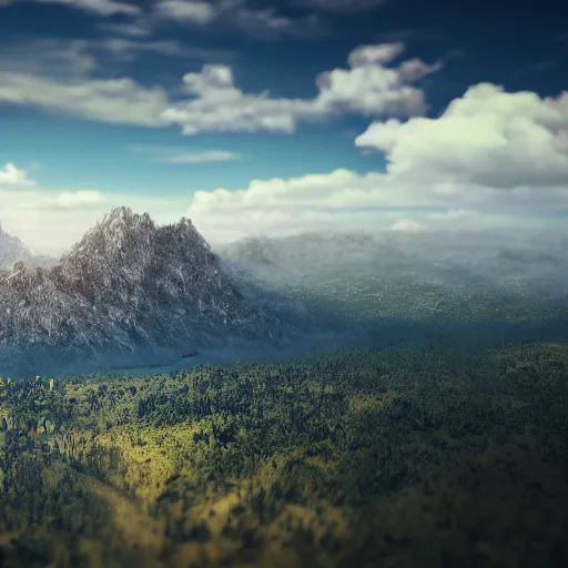 Image similar to majestic landscape, realistic, atmospheric, tilt shift, aerial photo, 8 k, octane render, unreal engine