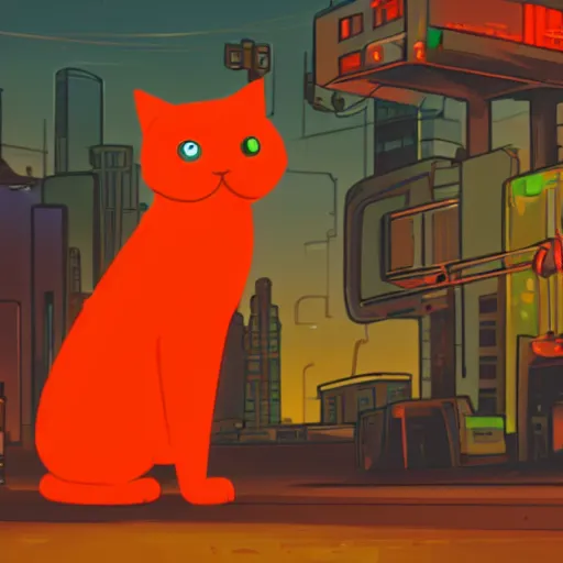 Image similar to a orange cat in a cyberpunk post apocalyptic city with robots living as humans