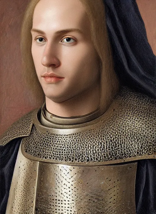 Image similar to oilpainting of a handsome young knight with a beautiful face and clear skin, long blond hair, wearing an engraved plate armor, no helmet, high resolution, clear image, digital art, studio photo, 4 k, clear lines, artstation, rendition by jan van eyck