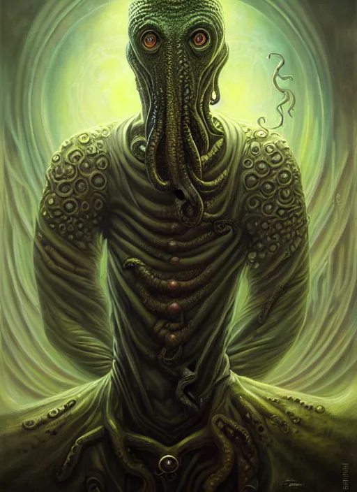 Image similar to lovecraft biopunk portrait of rowan sebastian atkinson, cthulhu, by tomasz alen kopera and peter mohrbacher