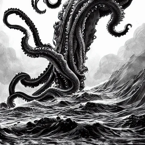 Image similar to kraken devours the ship in the exact style of kentaro miura, 4 k, 8 k, absolute detail of even the smallest details and particles, beautiful shadows, beautiful art, black and white drawing, high rendering of details of faces and characters