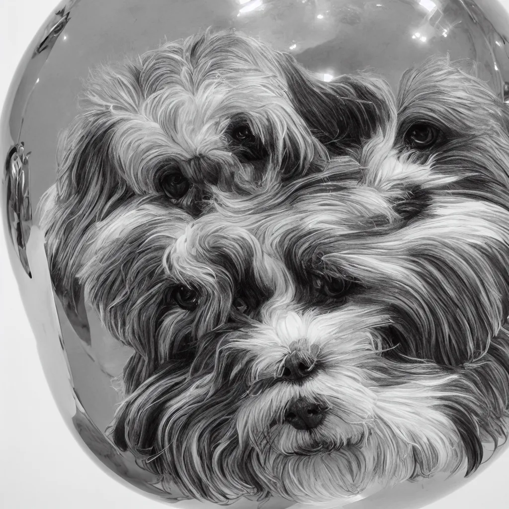 Prompt: full length portrait of a havanese dog reflected in a chrome sphere, ultra wide 1 0 mm, by m c escher pen and paper