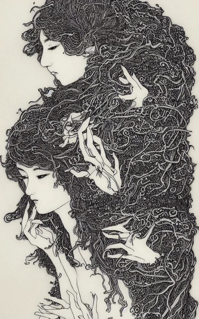 Image similar to delicate wolf spirit drawn by Takato Yamamoto, mystic eyes, clean ink detailed line drawing, intricate detail drawing, portrait