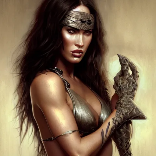 Image similar to portrait of megan fox, muscular upper body, slave collar, blindfold, bikini, fantasy, intricate, elegant, highly detailed, digital painting, artstation, concept art, matte, sharp focus, illustration, art by aenaluck and roberto ferri and greg rutkowski, epic fantasy, digital painting