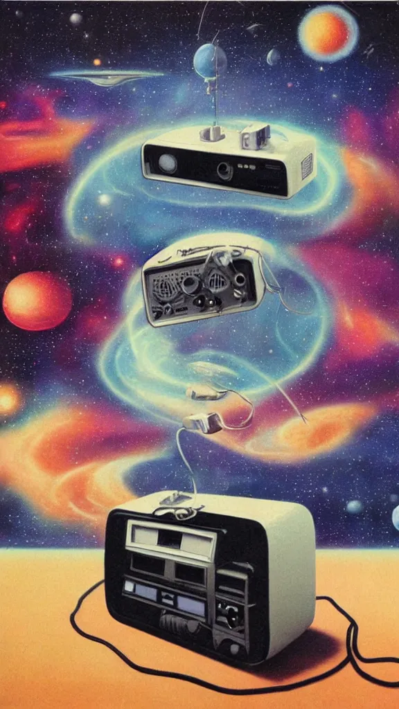 Prompt: 1 9 8 0 s airbrush surrealism illustration of a radio over a cosmic landscape by ryo ohshita