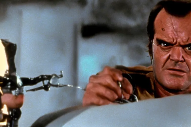 Image similar to Jack Nicholson plays Terminator, scene where his endoskeleton gets exposed, still from the film
