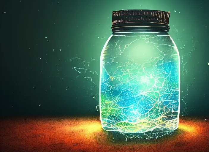 Prompt: bioluminescent neurons floating jar of broken glass with a dramatic turbulent ocean, concept artists, backlit, dark background, intricate, indie studio, realistic, rim lighting, flourecent colors, emotional, sketch, realistic, whimsical, noise, stippling