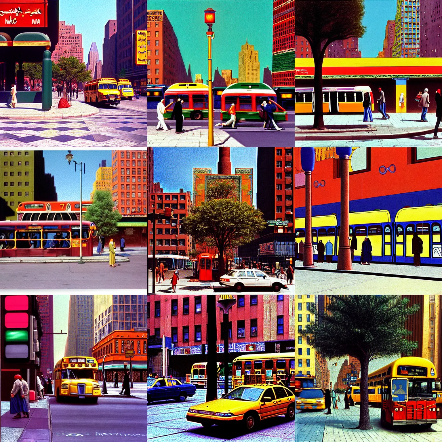 Prompt: detailed, street photography, moroccan, ny, new york city, mta subway entrance, public bus, bus stop, tree, car traffic, traffic light, 1998, full color, pedestrians, shops, Jean-Leon Gerome