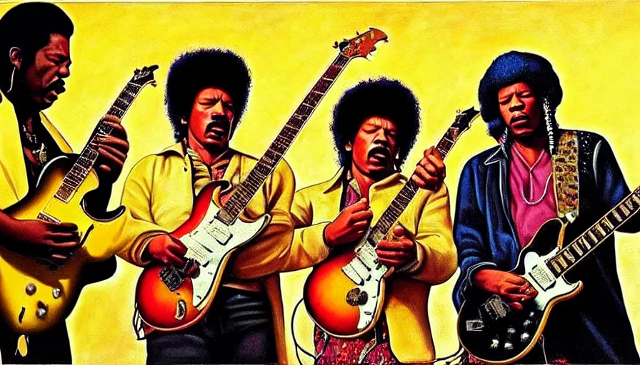 Image similar to photorealistic painting of tim maia, jimi hendrix and b. b king, with very highly detailed face, jamming with electric guitars, sitting on fluffy clouds. realism, beautiful, dramatic by grant wood, johannes vermeer and leonardo da vinci