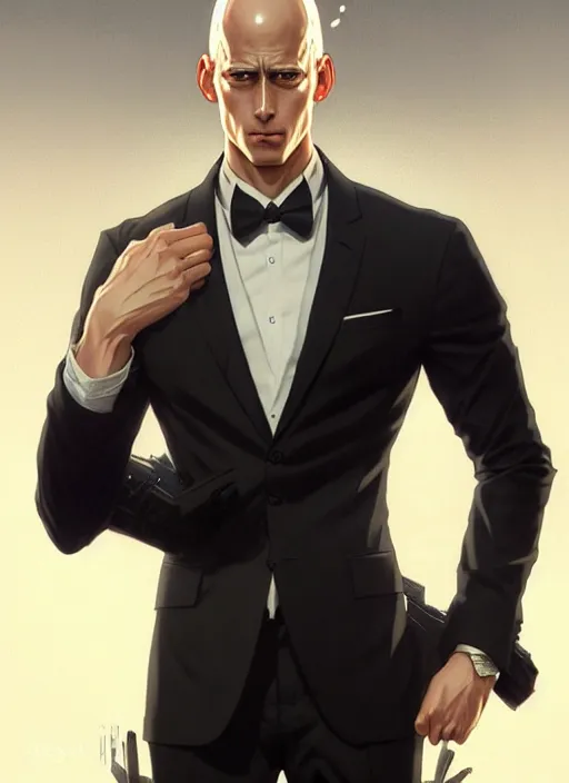 Image similar to ultra realistic illustration, handsome saitama. intricate, elegant, black suit, highly detailed, digital painting, artstation, concept art, smooth, sharp focus, illustration, art by artgerm and greg rutkowski and alphonse mucha and wlop