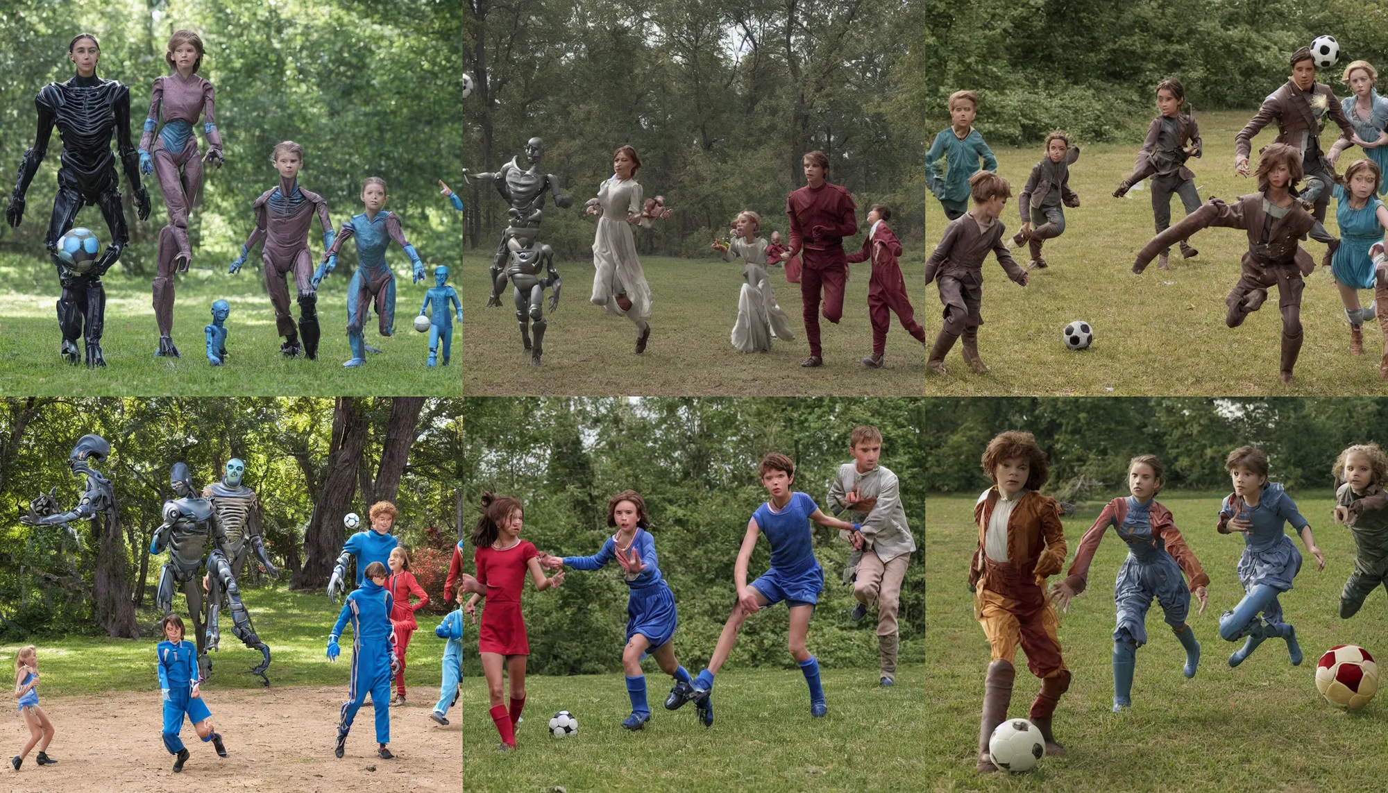 Prompt: sharp, highly detailed, 435456k film, 1612800mm film still from a sci fi blockbuster color movie made in 2019, set in 1860, of a girl and a boy playing soccer with an humanoid alien creature, in a park on an alien planet, the family are all wearing 1860s era clothes, good lighting, good photography, ultra high definition, in focus
