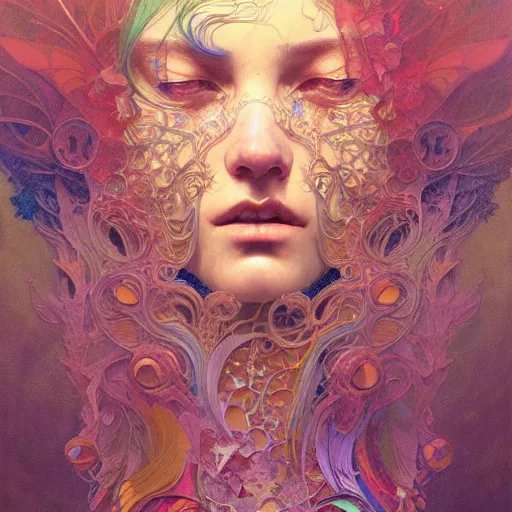 Image similar to An extremely psychedelic portrait, surreal, LSD, face, detailed, intricate, elegant, lithe, highly detailed, digital painting, artstation, concept art, smooth, sharp focus, illustration, art by Krenz Cushart and Artem Demura and alphonse mucha