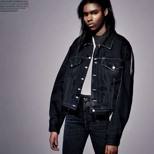 Prompt: realistic photo for a new sacai emil lookbook color film photography portrait of a beautiful woman model, model wears a black paneled denim jacket, photo in style of tyler mitchell