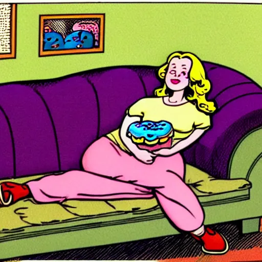 Prompt: a happy robust woman laying on a couch eating donuts, artist robert crumb