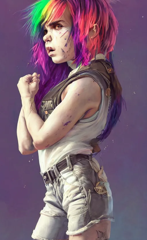 Prompt: a grungy midget woman with rainbow hair, drunk, angry, soft eyes and narrow chin, dainty figure, long hair straight down, torn overalls, short shorts, combat boots, basic white background, side boob, symmetrical, single person, style of by Jordan Grimmer and greg rutkowski, crisp lines and color,