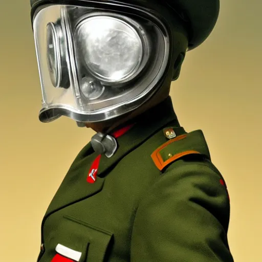 Prompt: a ww2 military officer wearing a gasmask and officer hat, in the style of 1980's anime