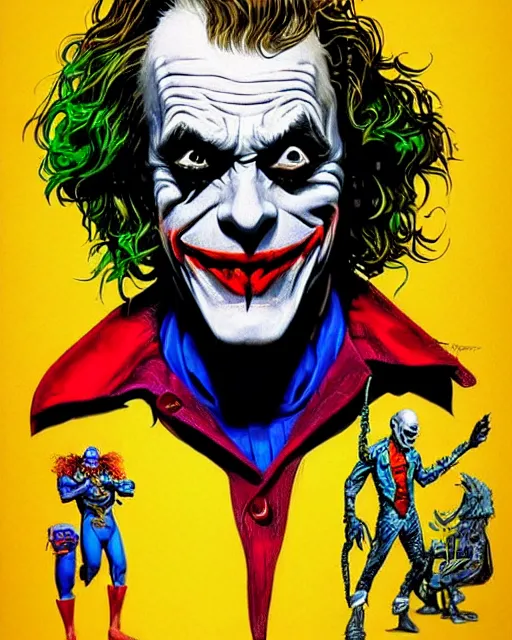 Image similar to christopher lloyd as the joker, big smile, grotesque, horror, high details, bright colors, striking, intricate details, by vincent di fate, artgerm julie bell beeple, 1 9 8 0 s, inking, vintage 8 0 s print, screen print