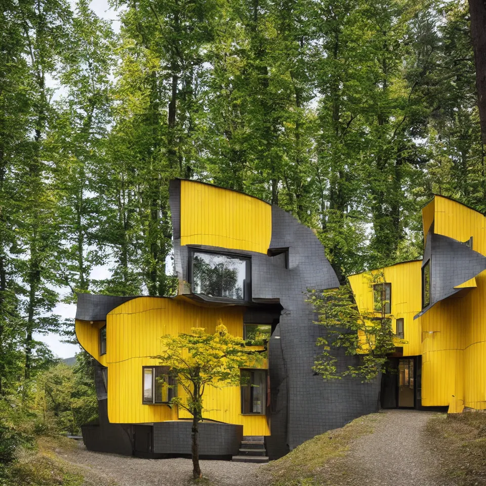 Image similar to a tiny flat horizontal house in the black forest, designed by Frank Gehry. Big tiles. Small wooden pathway . Film grain, cinematic, yellow hue