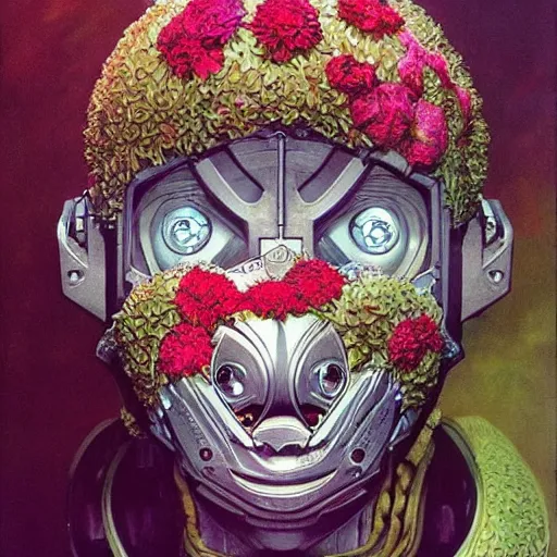 Image similar to a robot wearing a facemask made from flowers, reflective detailed textures, highly detailed fantasy science fiction painting by moebius, norman rockwell, frank frazetta, and syd mead. rich colors, high contrast. artstation