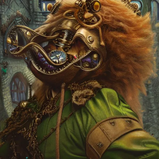 Image similar to detailed fantasy painting of steampunk Cowardly Lion from Wizard of Oz hiding from people in the Emerald City, 8k resolution