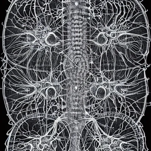 Prompt: diagram of interdimensional dendrite in non - eucledian space by ernst haeckel and geoff darrow, black background