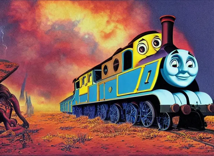 Prompt: psychedelic art of thomas the tank engine meeting god, in the style of michael whelan and james gurney and wayne barlowe