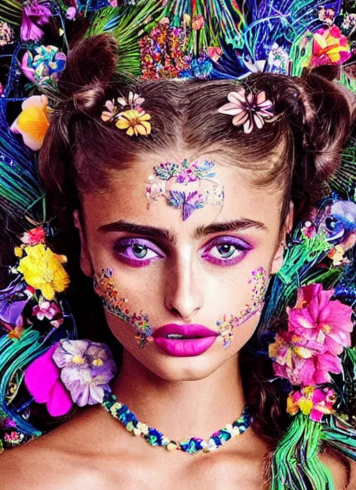 Prompt: beautiful portrait render of Taylor Hill wearing fantastic dress in the VICTORIA'S SECRET fashion show,embellished beaded feather decorative fringe knots ,colorful pigtail,subtropical flowers and plants,perfect symmetrica body shape,symmetrical face,intricate,elegant,highly detailed,8k,post-processing,digital painting,trending on pinterest,harper's bazaar,concept art, sharp focus, illustration, by artgerm,Tom Bagshaw,Lawrence Alma-Tadema,greg rutkowski,golden ratio