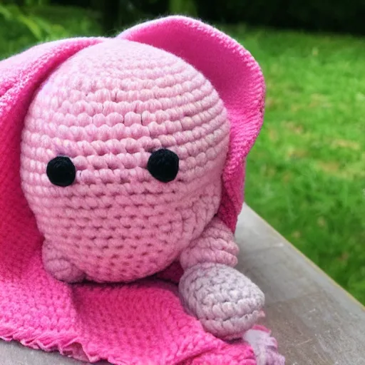 Prompt: amigurumi of a pink mole rat sitting in a colorful towel