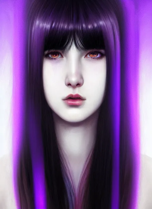 Image similar to portrait of teenage girl with white bangs, red irises, black hair, purple clothes, white bangs, bangs are different color from hair, intricate, front of hair is white rest is black, elegant, glowing lights, highly detailed, digital painting, artstation, concept art, smooth, sharp focus, illustration, art by wlop, mars ravelo and greg rutkowski