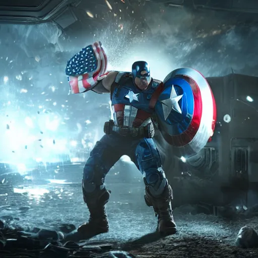 Image similar to portrait of donald trump as captain america in gears of war, splash art, maga, patriot, movie still, cinematic lighting, dramatic, glowing, ray tracing, octane render, long lens, shallow depth of field, bokeh, anamorphic lens flare, 8 k, hyper detailed, 3 5 mm film grain