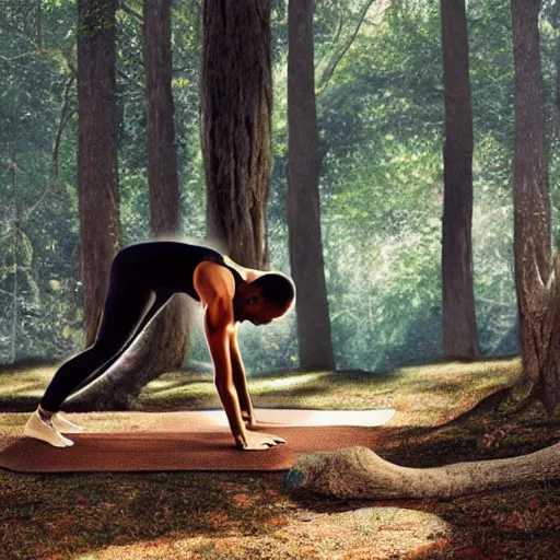 lebron james doing yoga in the forest, realistic